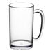 A clear plastic beer mug with a handle.