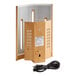 A rectangular wooden wall sconce with a black cord.