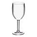 A close-up of a clear Choice SAN plastic wine glass with a stem.