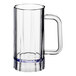 A clear plastic beer mug with a handle.