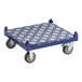 A blue and black steel cart with wheels and a patterned cushion.