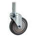 A close-up of a black Lavex polyurethane wheel with a metal post.