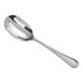 An Acopa stainless steel slotted serving spoon with a long handle.