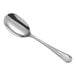 An Acopa stainless steel serving spoon with a swirl design on the handle and a solid bowl.