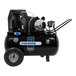 An Industrial Air portable horizontal air compressor with wheels.