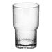 A stackable clear glass with a textured rim.