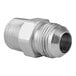 An aluminum threaded male connector with a silver pipe fitting and nut.