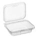 A case of 200 Inline Plastics clear rectangular hinged deli containers with flat lids.