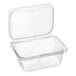 A case of 200 Inline Plastics clear rectangular hinged deli containers with flat lids.