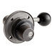 A metal speed handle with a black knob on a metal ball.