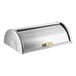 A silver metal rectangular chafer cover with gold trim.