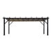 A black metal Paragon Outdoor pergola with a mocha canvas canopy over it.