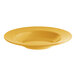 A yellow bowl with a wide rim on a white background.