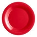 A red plate with a white rim.