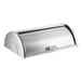 A silver metal rectangular roll top chafer cover with chrome trim.