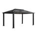 A black metal Paragon Outdoor Santa Monica gazebo with a metal roof.