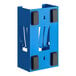 A blue metal Noble Products disposable glove dispenser with black handles.