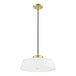 A Globe brass pendant light with a white frosted glass shade on a long black and gold pole.