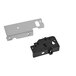 A black and silver metal plate with screws and black plastic interlock parts.