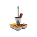 A Hepp stainless steel snack stand with pretzels and crackers in bowls.