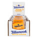 A white Tillamook box with 50 medium yellow cheddar cheese snacks.