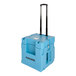 A blue plastic power distribution box with black handles.