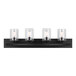 A Canarm Hampton matte black vanity light with clear glass shades over three light bulbs.