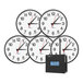 A group of six Pyramid TimeTrax Sync RF wireless analog clocks with black and white dials and black numbers.