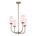 A Canarm Novalee gold chandelier with white glass shades.