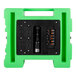 A green plastic PURAERO power distribution box with multiple outlets inside.