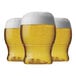 Three Tossware POP plastic pint glasses of beer with foam on top.