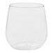 A close-up of a clear Tossware Vino Jr. plastic glass.