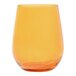 A close up of a Tossware amber stemless wine glass.