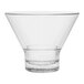 A clear Tossware stemless martini glass with a cone shaped bottom.