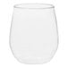 A close up of a clear Tossware plastic wine glass.