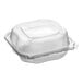 A Genpak clear plastic hinged container with 3 compartments and a lid.