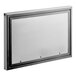 A silver rectangular stainless steel door with black trim on a white background.