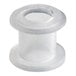 A close-up of a white rubber grommet with two holes.