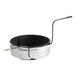 A metal pan with a black handle.
