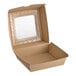 A brown corrugated clamshell container with a clear window on the lid.
