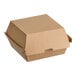 A brown corrugated clamshell container with a hinged lid.