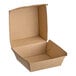 A brown corrugated clamshell container with an open lid.
