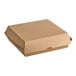 A brown corrugated clamshell container with a closed lid.