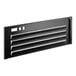 A black metal rectangular grille with four rows of slots.