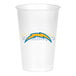 A white plastic cup with a yellow and blue Los Angeles Chargers logo.