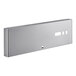 A stainless steel rectangular metal panel with buttons.