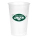 A white Creative Converting plastic cup with a green New York Jets logo.