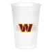 A white plastic cup with a yellow and purple Washington Commanders logo.