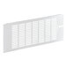 A white metal grille with many lines of holes.