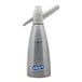 A silver Whip-It soda siphon bottle with a white plastic nozzle.